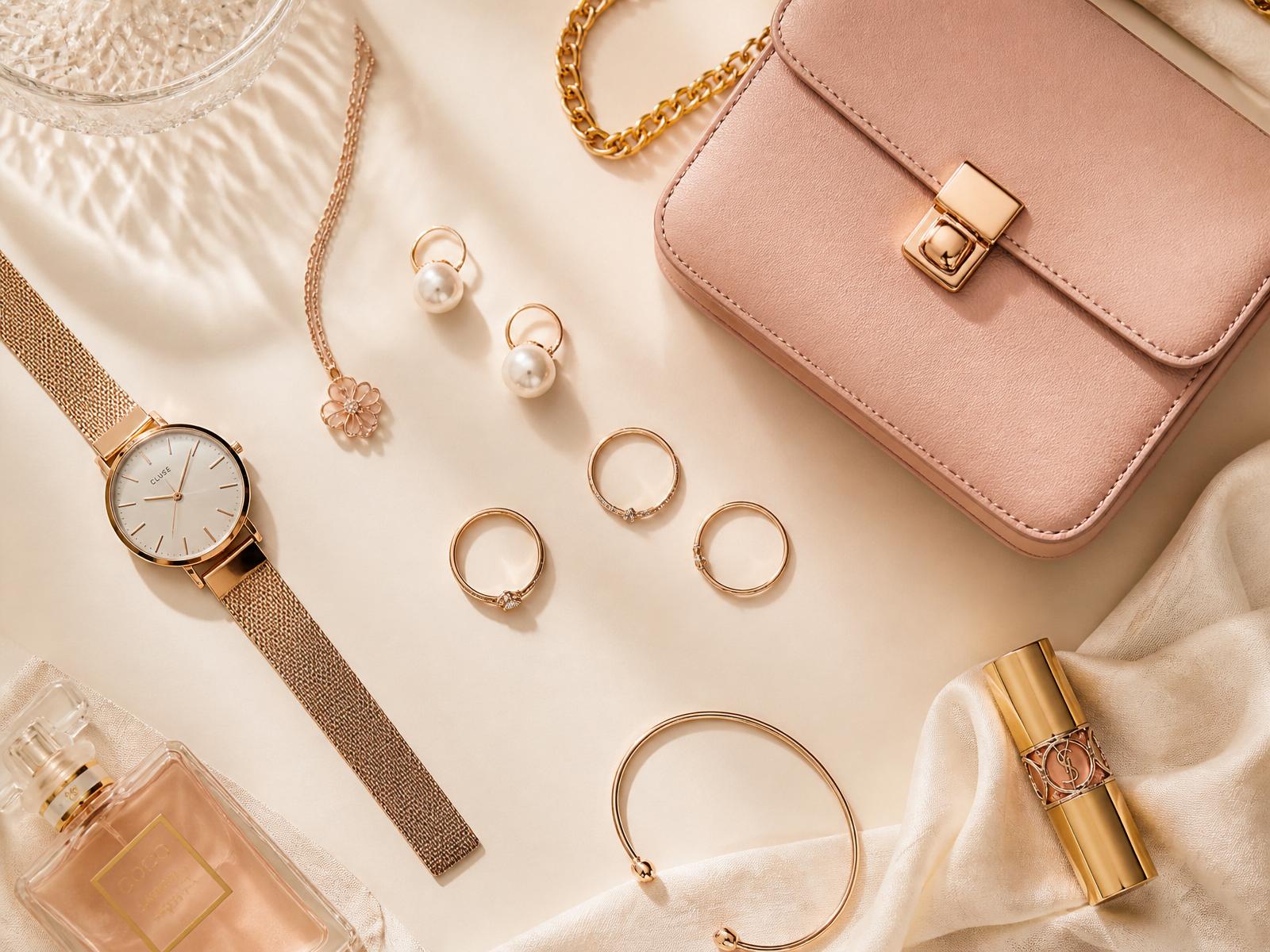 Flat lay of premium women's accessories